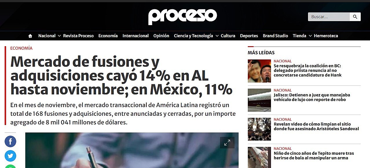 Mercado de fusiones y adquisiciones cay 14% en AL hasta noviembre; en Mxico, 11%